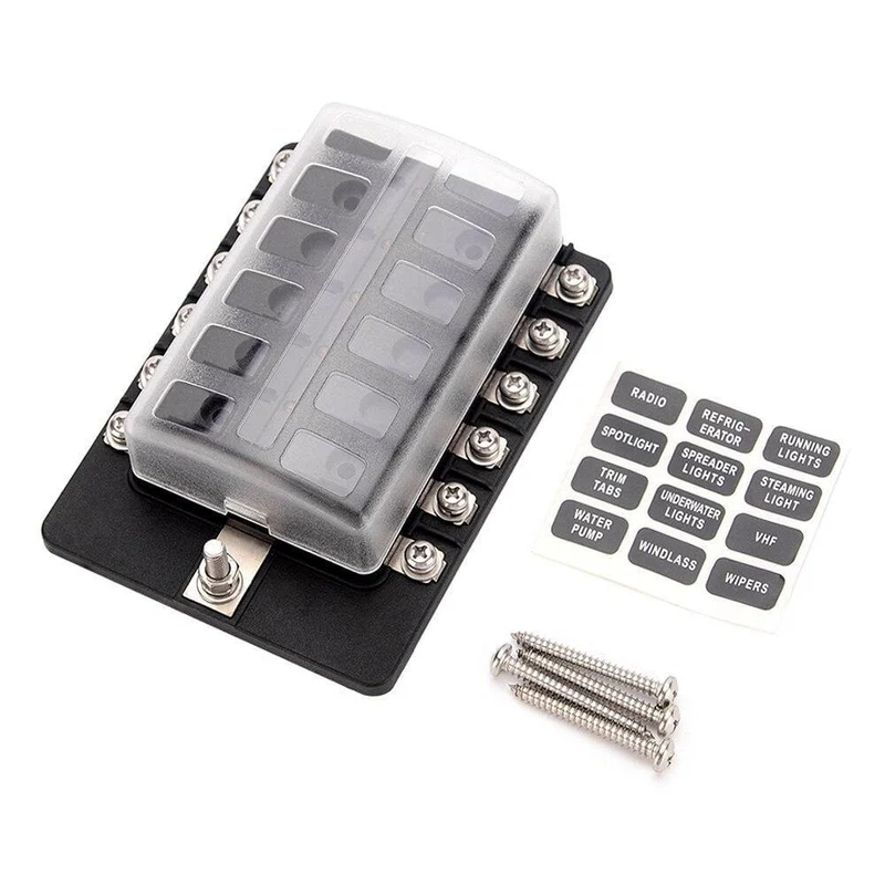 12-Wege-Sicherungskasten mit Sicherungshalter, Sicherungsblöcke mit roter LED-Anzeige, 10 Sicherungen, 10 Klemmen für Auto, Boot, Caravan, LKW, 12 V, 24 V