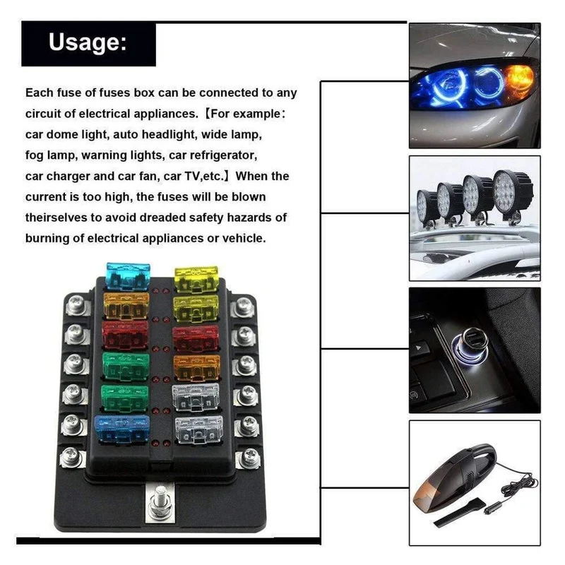 12-Wege-Sicherungskasten mit Sicherungshalter, Sicherungsblöcke mit roter LED-Anzeige, 10 Sicherungen, 10 Klemmen für Auto, Boot, Caravan, LKW, 12 V, 24 V