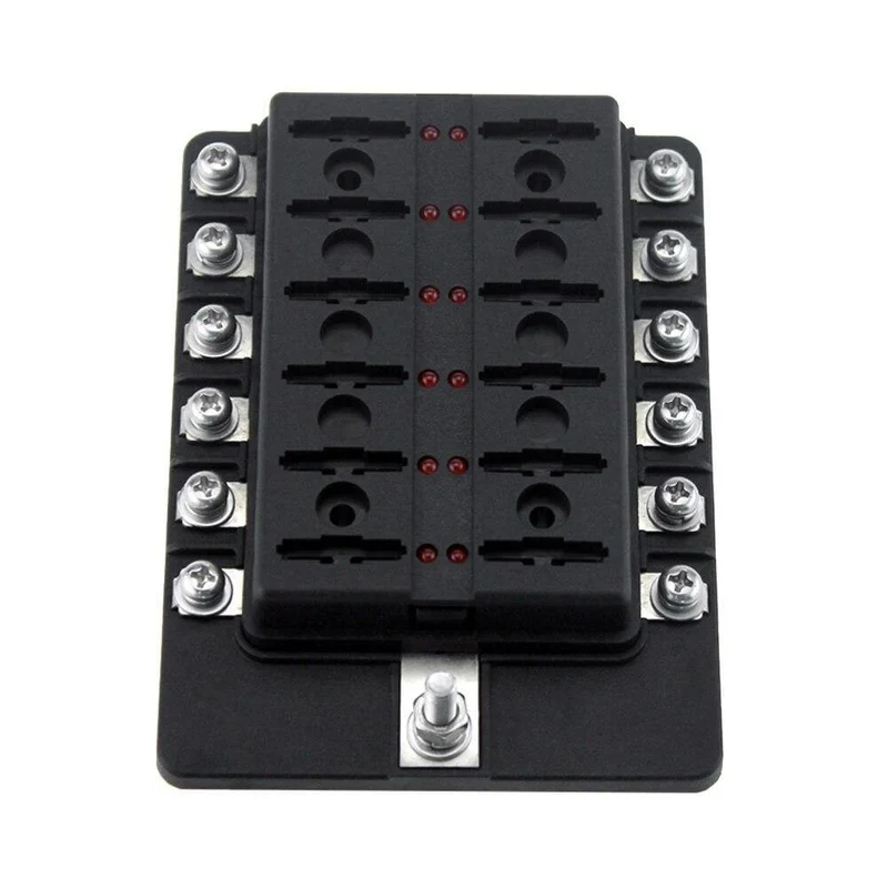 12-Wege-Sicherungskasten mit Sicherungshalter, Sicherungsblöcke mit roter LED-Anzeige, 10 Sicherungen, 10 Klemmen für Auto, Boot, Caravan, LKW, 12 V, 24 V