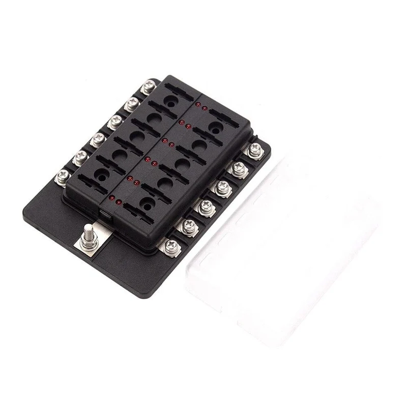 12-Wege-Sicherungskasten mit Sicherungshalter, Sicherungsblöcke mit roter LED-Anzeige, 10 Sicherungen, 10 Klemmen für Auto, Boot, Caravan, LKW, 12 V, 24 V