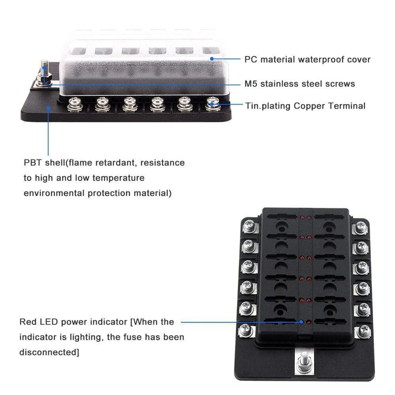 12-Wege-Sicherungskasten mit Sicherungshalter, Sicherungsblöcke mit roter LED-Anzeige, 10 Sicherungen, 10 Klemmen für Auto, Boot, Caravan, LKW, 12 V, 24 V