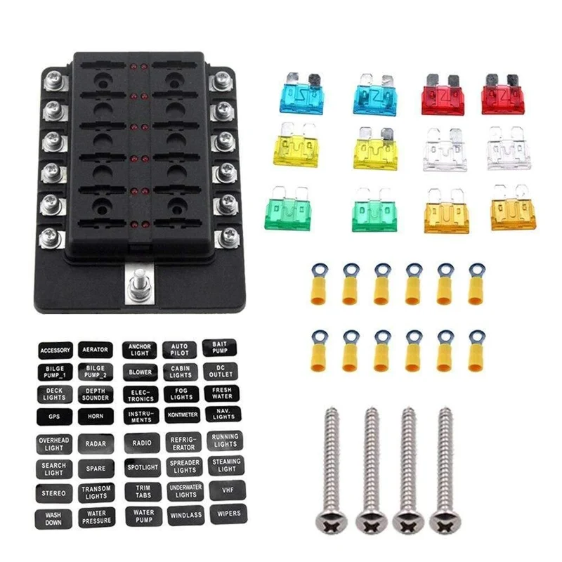 12-Wege-Sicherungskasten mit Sicherungshalter, Sicherungsblöcke mit roter LED-Anzeige, 10 Sicherungen, 10 Klemmen für Auto, Boot, Caravan, LKW, 12 V, 24 V