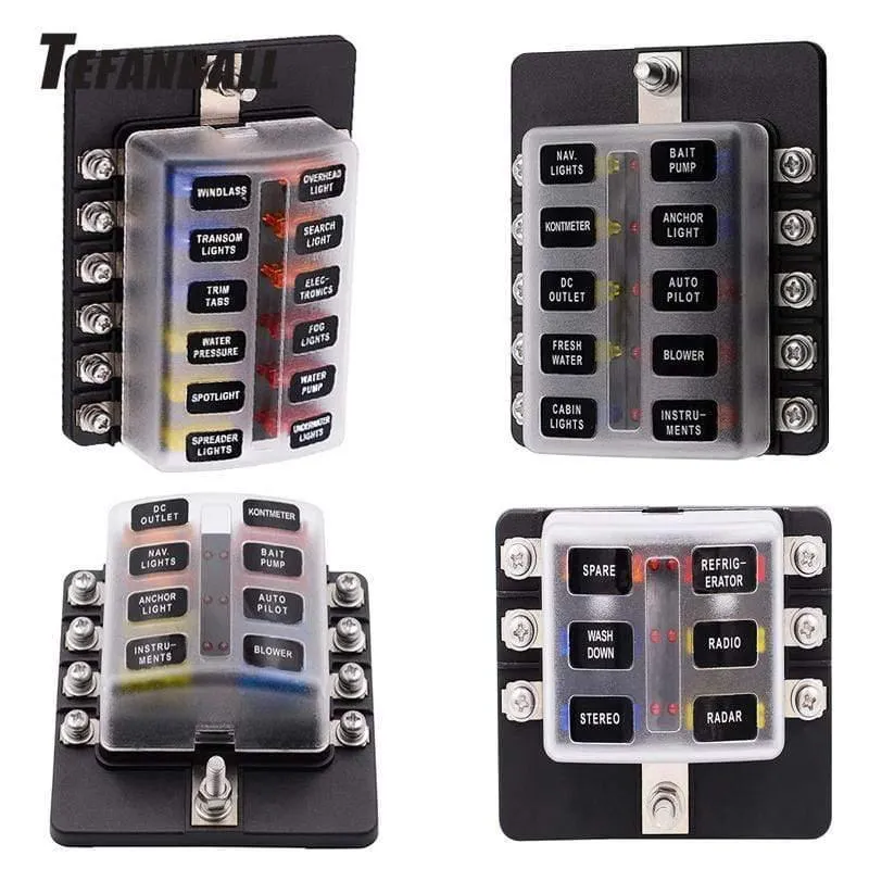 Sicherungskastenhalter für Flachsicherungen, 12 V, 32 V, für Auto, Boot, Marine, Caravan, Trike, Auto-Sicherungsblöcke mit LED-Anzeige, Warnleuchte, 6/8/10/12-Wege