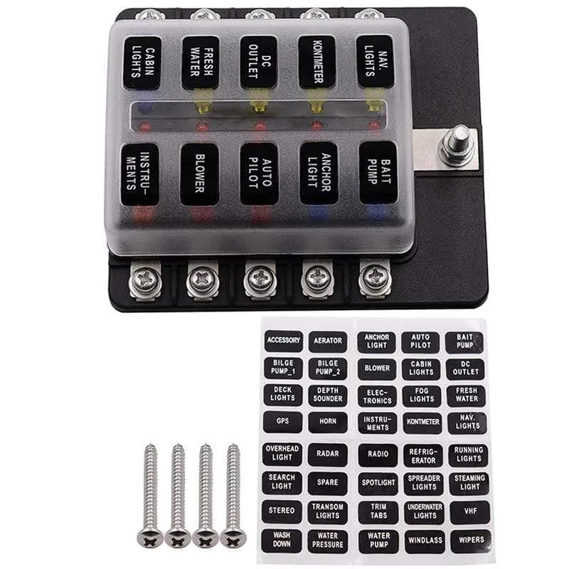 Sicherungskastenhalter für Flachsicherungen, 12 V, 32 V, für Auto, Boot, Marine, Caravan, Trike, Auto-Sicherungsblöcke mit LED-Anzeige, Warnleuchte, 6/8/10/12-Wege