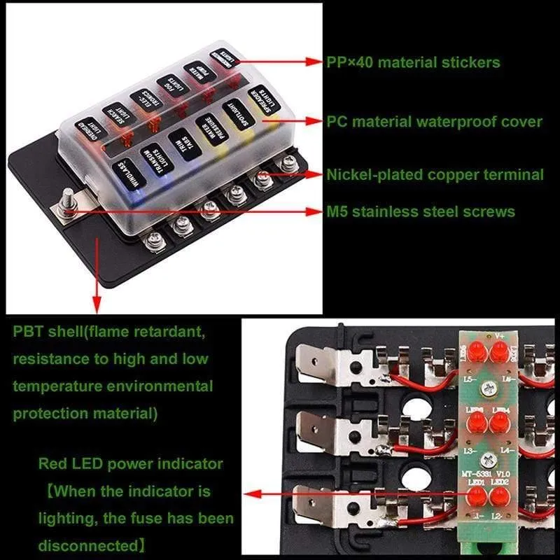 Sicherungskastenhalter für Flachsicherungen, 12 V, 32 V, für Auto, Boot, Marine, Caravan, Trike, Auto-Sicherungsblöcke mit LED-Anzeige, Warnleuchte, 6/8/10/12-Wege