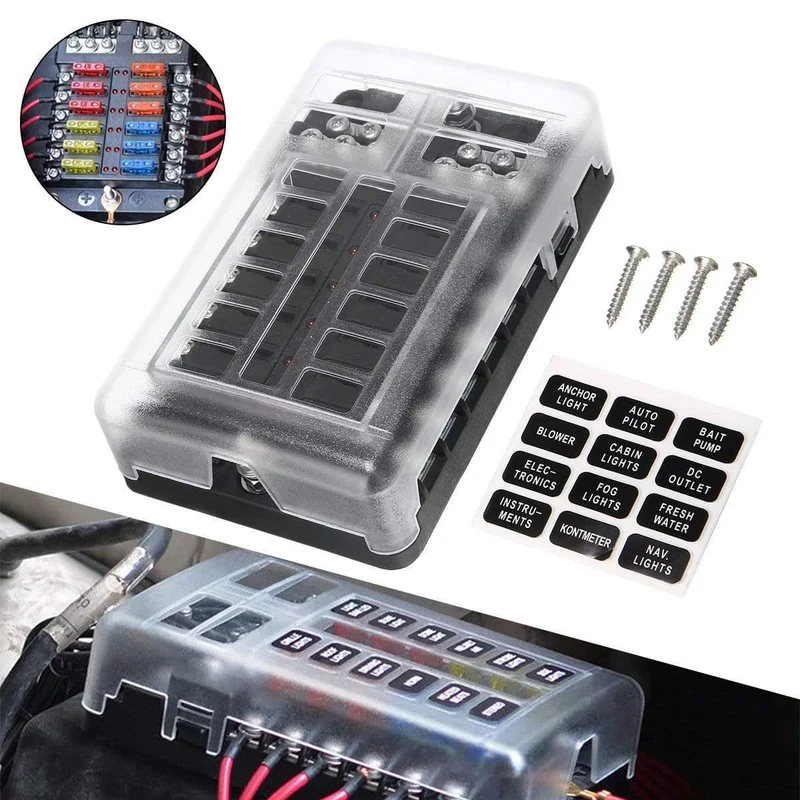 1 Set DC 32V 100A 12-Wege-Sicherungskastenblockhalter ATC ATO Blade LED-Sicherungskasten mit Schrauben und Etiketten für Car Marine Caravan
