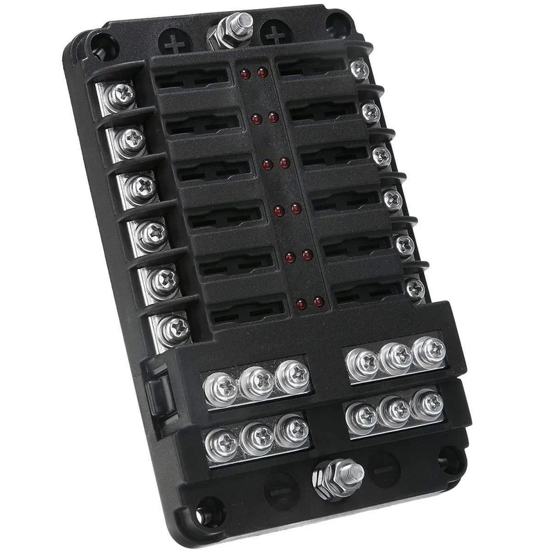 1 Set DC 32V 100A 12-Wege-Sicherungskastenblockhalter ATC ATO Blade LED-Sicherungskasten mit Schrauben und Etiketten für Car Marine Caravan