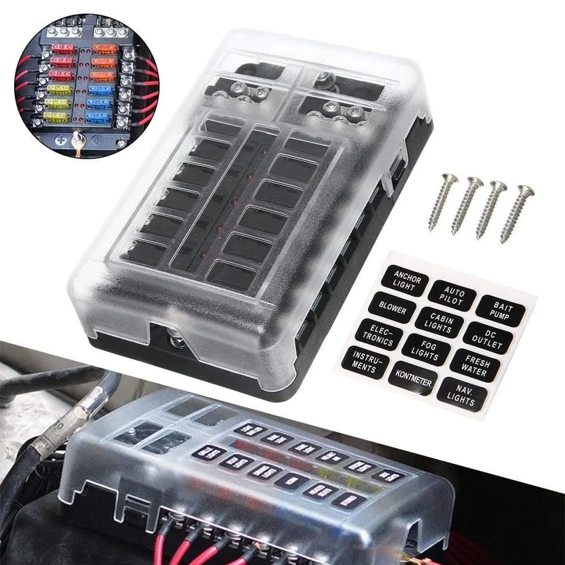 1 Set DC 32V 100A 12-Wege-Sicherungskastenblockhalter ATC ATO Blade LED-Sicherungskasten mit Schrauben und Etiketten für Car Marine Caravan