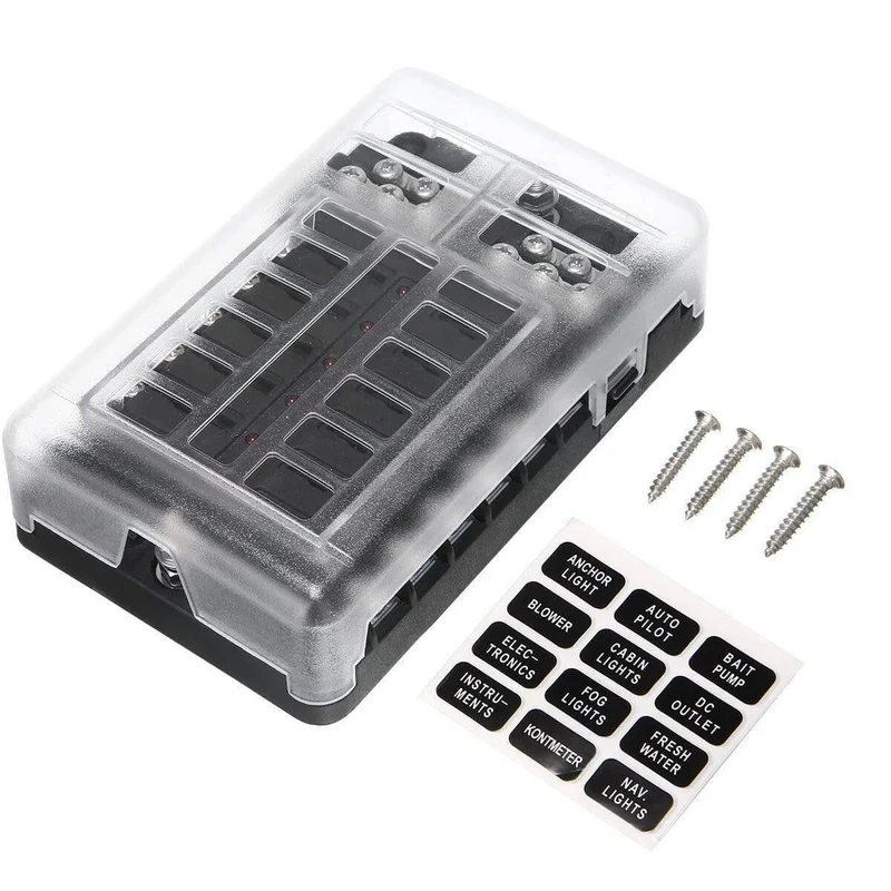 1 Set DC 32V 100A 12-Wege-Sicherungskastenblockhalter ATC ATO Blade LED-Sicherungskasten mit Schrauben und Etiketten für Car Marine Caravan