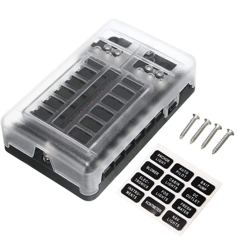 1 Set DC 32V 100A 12-Wege-Sicherungskastenblockhalter ATC ATO Blade LED-Sicherungskasten mit Schrauben und Etiketten für Car Marine Caravan