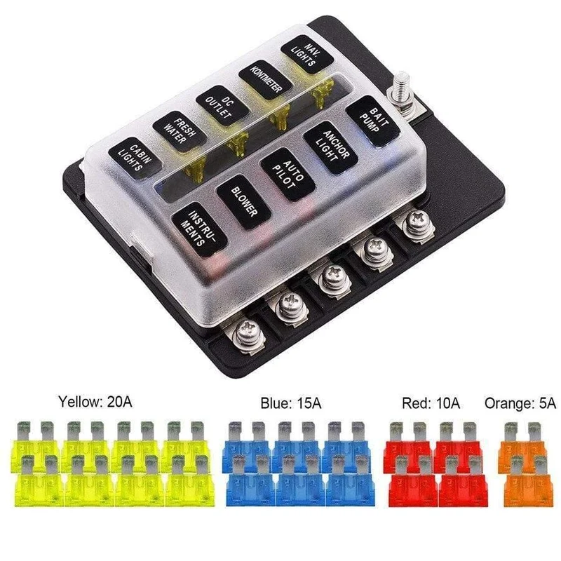 Universal 10-Wege-Auto Standard Blade Sicherungskastenhalter Block LED-Anzeige 5/10/15 / 20A