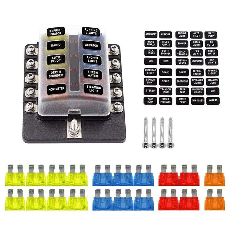 Universal 10-Wege-Auto Standard Blade Sicherungskastenhalter Block LED-Anzeige 5/10/15 / 20A
