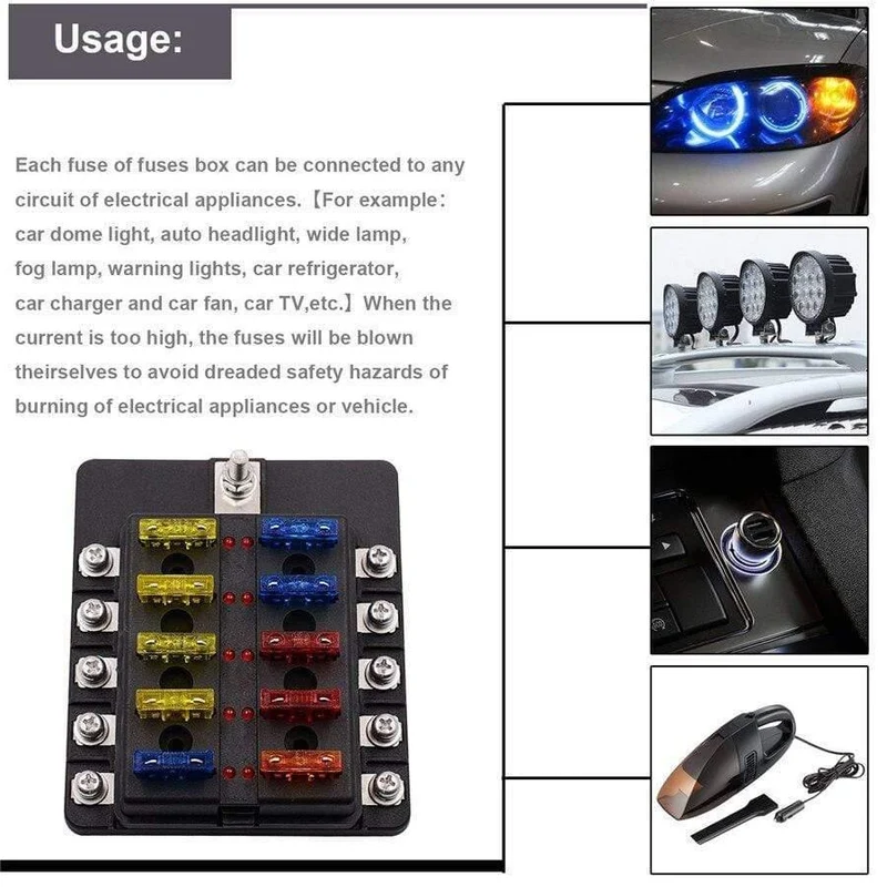 Universal 10-Wege-Auto Standard Blade Sicherungskastenhalter Block LED-Anzeige 5/10/15 / 20A