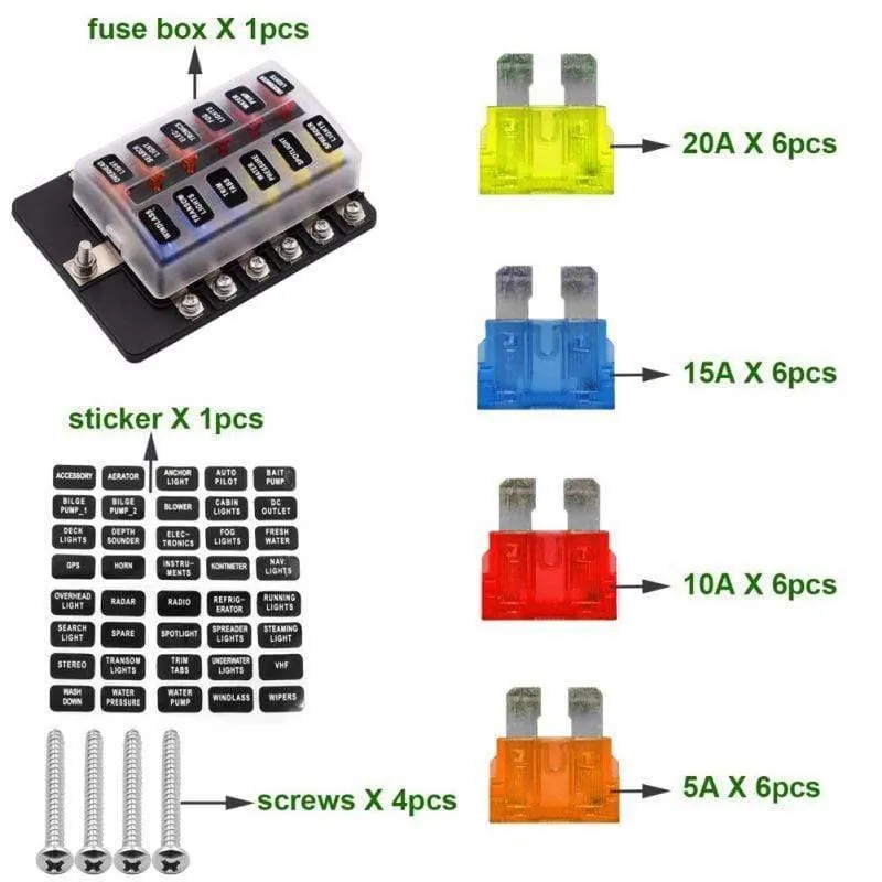 12-Wege-Sicherungskastenhalter mit Sicherungshalter, 12 V, 24 V, für Auto, Boot, Marine, Caravan, Trike, Auto-Sicherungsblöcke mit LED-Anzeige, Warnleuchte