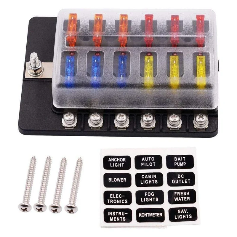 12-Wege-Sicherungskastenhalter mit Sicherungshalter, 12 V, 24 V, für Auto, Boot, Marine, Caravan, Trike, Auto-Sicherungsblöcke mit LED-Anzeige, Warnleuchte