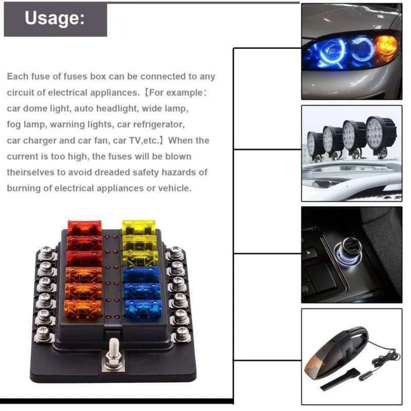 12-Wege-Sicherungskastenhalter mit Sicherungshalter, 12 V, 24 V, für Auto, Boot, Marine, Caravan, Trike, Auto-Sicherungsblöcke mit LED-Anzeige, Warnleuchte