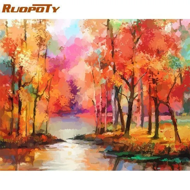 Gerahmte DIY Malen nach Zahlen Landschaft Kit Acrylfarbe auf Leinwand moderne Wandkunst Bild von Zahlen für Wohnzimmer