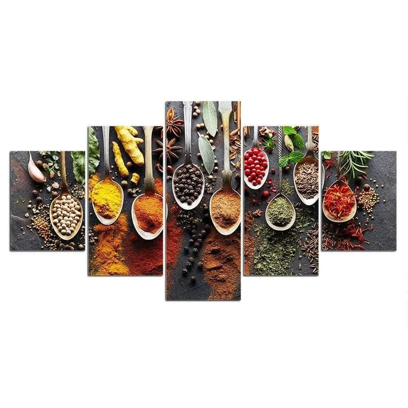 5 Stück Küche Essen Leinwand Malerei Essen Bild Wandbild 5 Panels Gewürze Wohnzimmer Wandkunst Wandbilder F2381