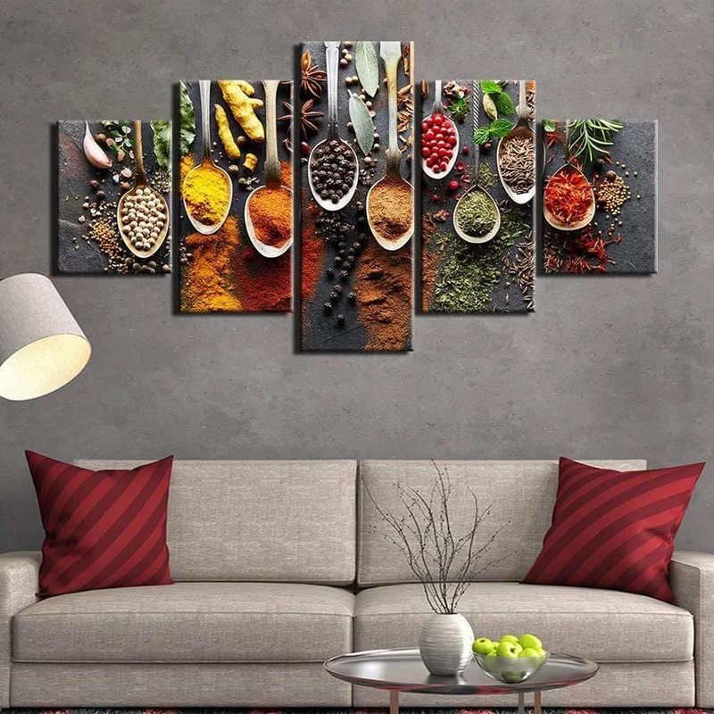5 Stück Küche Essen Leinwand Malerei Essen Bild Wandbild 5 Panels Gewürze Wohnzimmer Wandkunst Wandbilder F2381