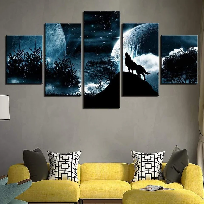 Modulare Bilder für Wohnzimmer, HD-gedruckte Leinwand, 5-teilig, Vollmondnacht, Waldwolf, gerahmte Wandkunst, Gemälde, Poster, Wohnkultur