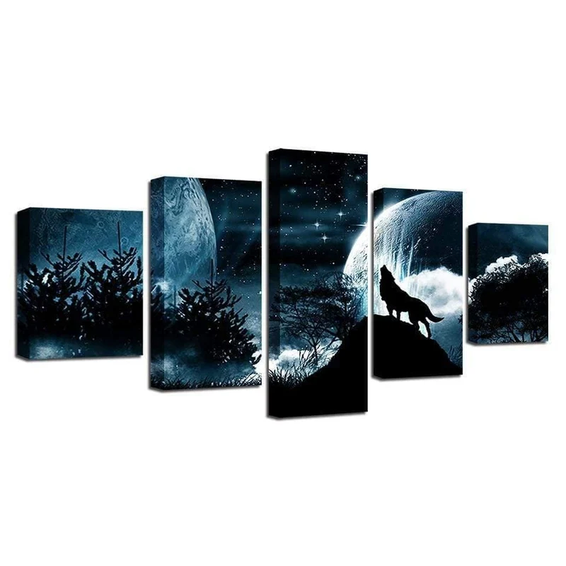Modulare Bilder für Wohnzimmer, HD-gedruckte Leinwand, 5-teilig, Vollmondnacht, Waldwolf, gerahmte Wandkunst, Gemälde, Poster, Wohnkultur