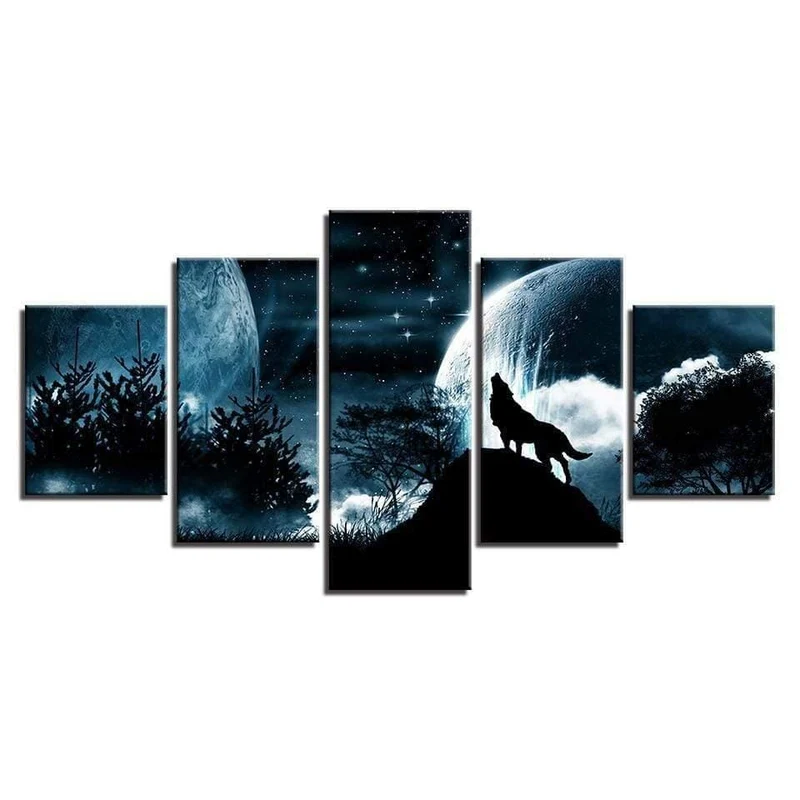 Modulare Bilder für Wohnzimmer, HD-gedruckte Leinwand, 5-teilig, Vollmondnacht, Waldwolf, gerahmte Wandkunst, Gemälde, Poster, Wohnkultur