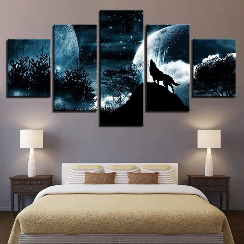 Modulare Bilder für Wohnzimmer, HD-gedruckte Leinwand, 5-teilig, Vollmondnacht, Waldwolf, gerahmte Wandkunst, Gemälde, Poster, Wohnkultur