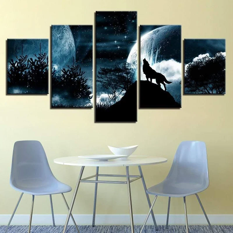 Modulare Bilder für Wohnzimmer, HD-gedruckte Leinwand, 5-teilig, Vollmondnacht, Waldwolf, gerahmte Wandkunst, Gemälde, Poster, Wohnkultur