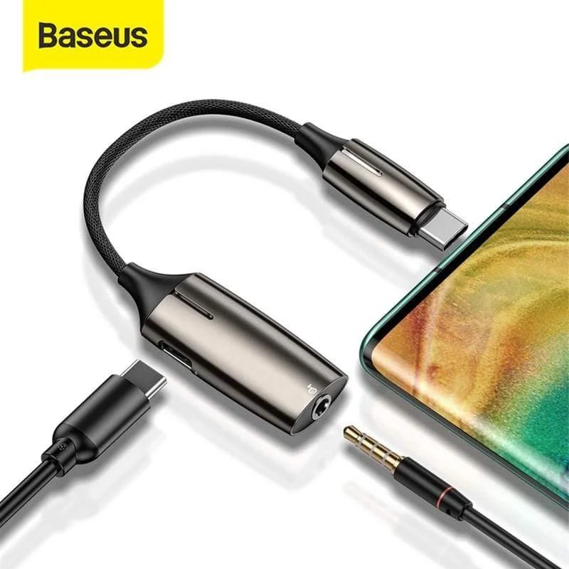 Baseus L60 USB C auf 3.5 mm Aux Audio Adapter USB Typ C Verlängerungskabel mit Lichtschnittstelle 1 bis 2 für Smartphones (Zinklegierung und Licht)