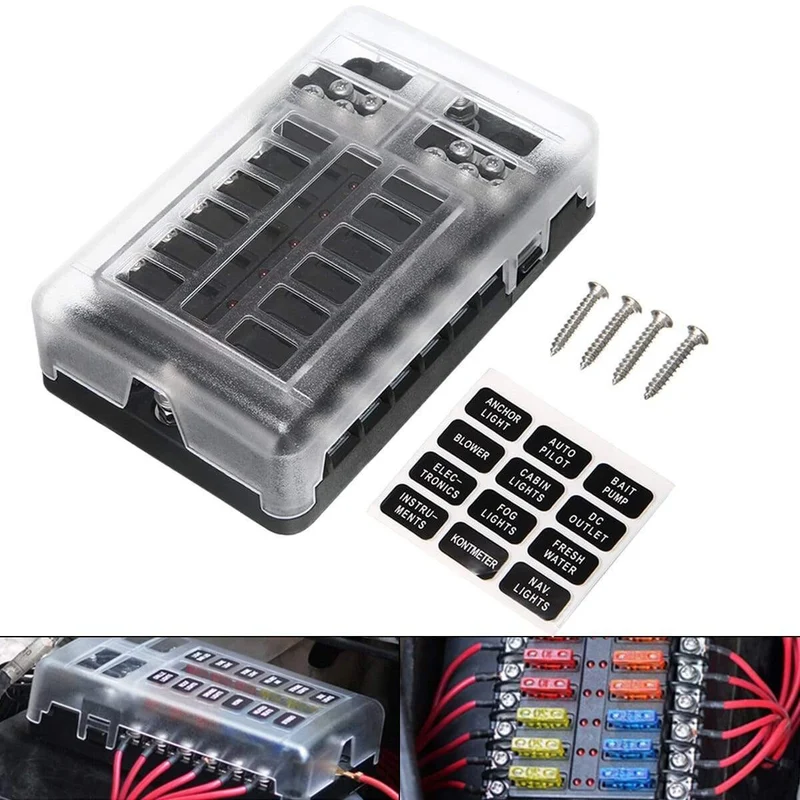 DC 32V 100A 12-Wege-Sicherungskastenblockhalter ATC ATO Blade LED für Car Marine Caravan mit Schrauben und Etiketten