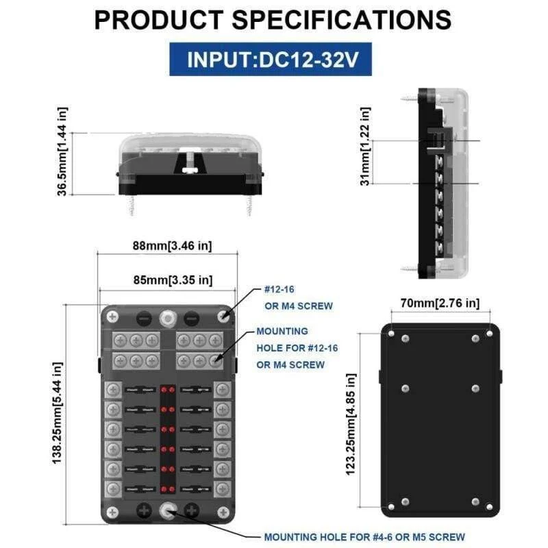 LED-Anzeige IP56 Wasserdichter Sicherungskastenhalterblock ATC ATO 12-Wege-Autozubehör mit 250 Ampere