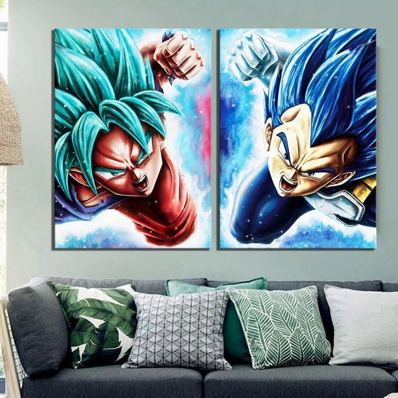 Wandkunst Leinwandbilder Gemälde 2 Stück Vegeta Goku Anime Dragon Ball Super Cartoon Modulare Poster Moderne HD Gedruckte Home Deco