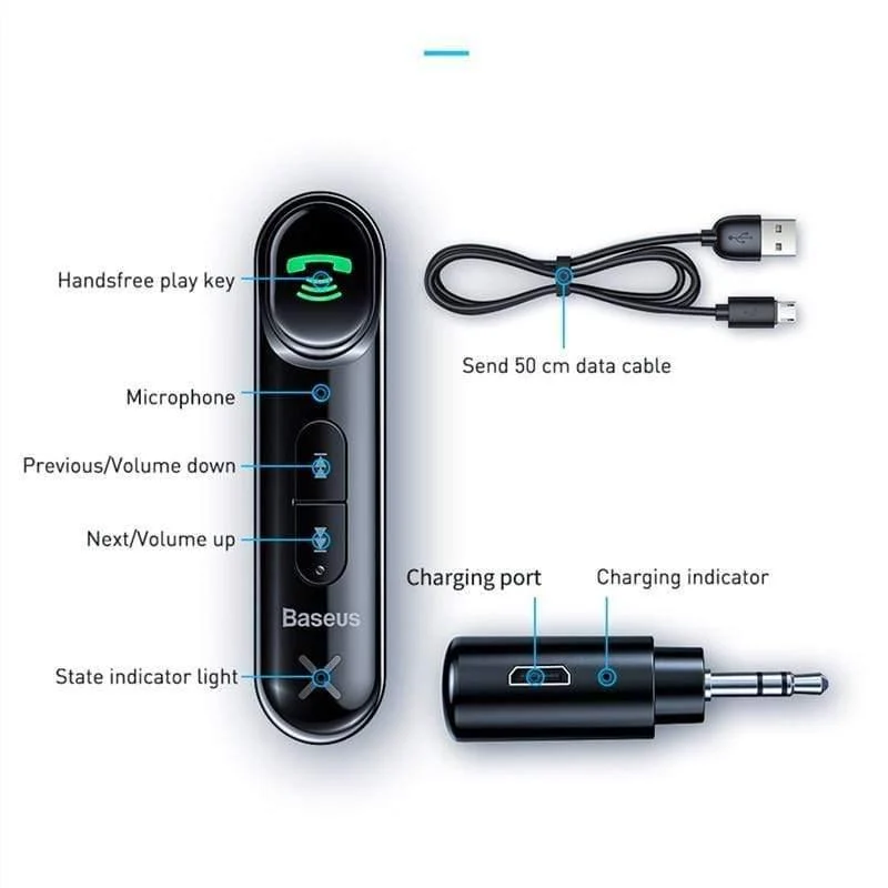 Baseus Car Aux Bluetooth 5.0 Adapter Drahtloser 3.5-mm-Audioempfänger für Auto Bluetooth Freisprecheinrichtung Car Kit Lautsprecher Kopfhörer (schwarz)