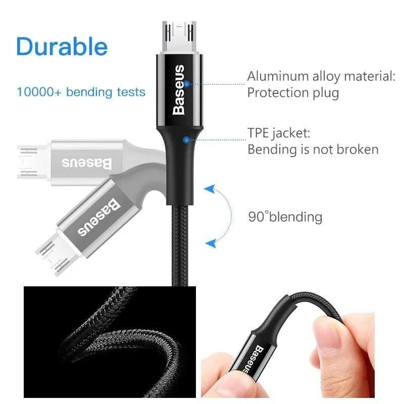 Baseus LED-Beleuchtung Micro-USB-Kabel für Xiaomi Redmi 4X Note 4 5 Reversibles Micro-USB-Ladekabel für Samsung S7-Mobiltelefon