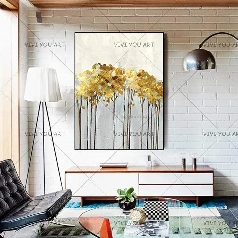 Handgemaltes abstraktes goldenes Kunst-Wandbild, handgefertigtes goldenes Baum-Leinwand-Ölgemälde für Wohnzimmer, Heimdekoration
