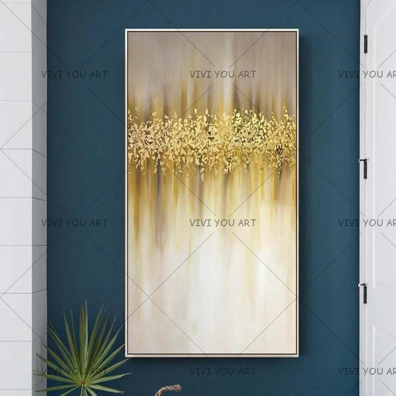 Handgemaltes abstraktes goldenes Kunst-Wandbild, handgefertigtes goldenes Baum-Leinwand-Ölgemälde für Wohnzimmer, Heimdekoration