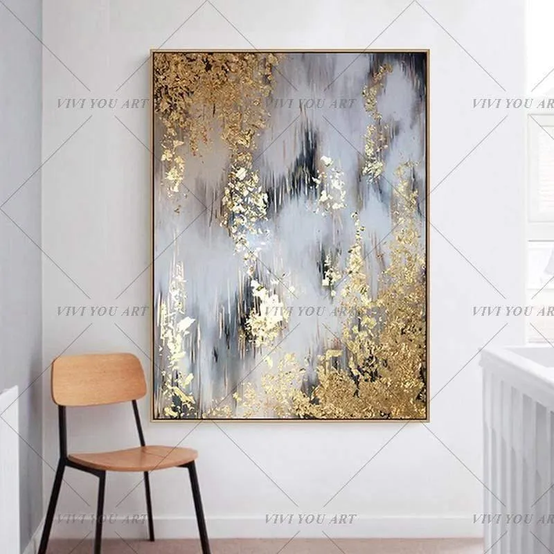 Handgemaltes abstraktes goldenes Kunst-Wandbild, handgefertigtes goldenes Baum-Leinwand-Ölgemälde für Wohnzimmer, Heimdekoration