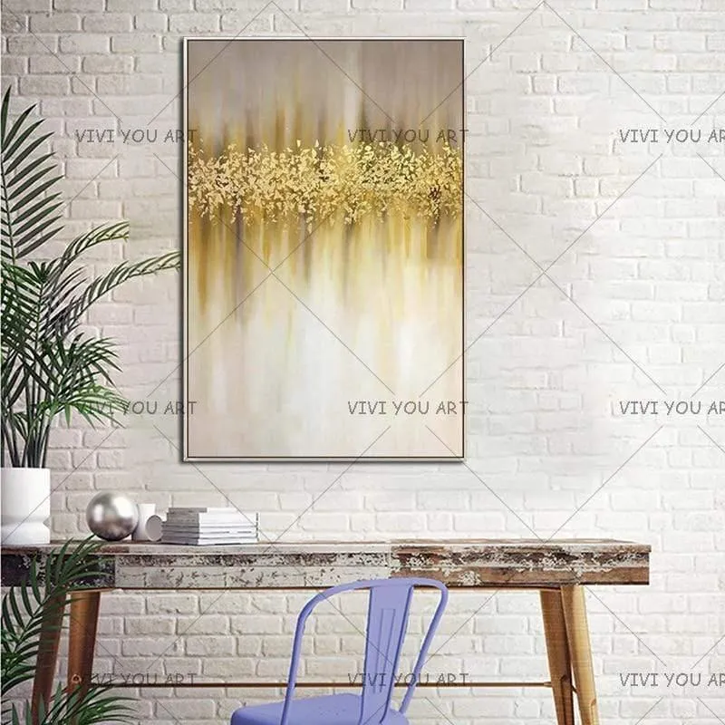 Handgemaltes abstraktes goldenes Kunst-Wandbild, handgefertigtes goldenes Baum-Leinwand-Ölgemälde für Wohnzimmer, Heimdekoration
