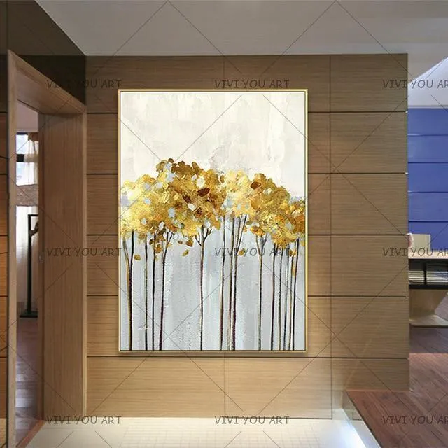 Handgemaltes abstraktes goldenes Kunst-Wandbild, handgefertigtes goldenes Baum-Leinwand-Ölgemälde für Wohnzimmer, Heimdekoration