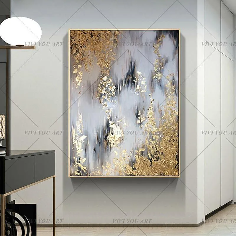 Handgemaltes abstraktes goldenes Kunst-Wandbild, handgefertigtes goldenes Baum-Leinwand-Ölgemälde für Wohnzimmer, Heimdekoration