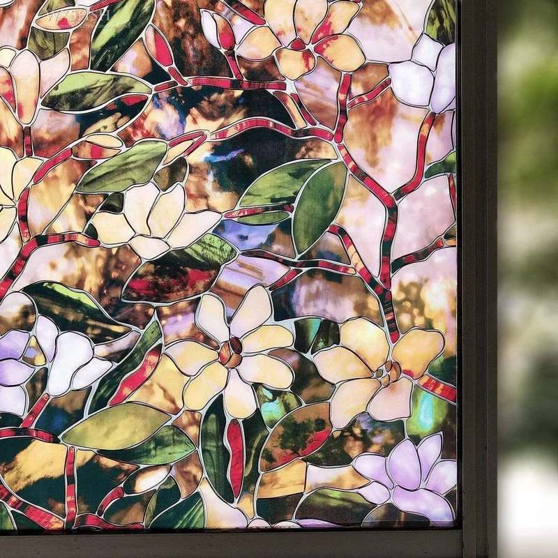 45/60/90 x 200 cm Sichtschutz-Sonnenschutzfolie. Statisch Nichtklebende, gebeizte Magnolienmuster-Home-Glas-Sonnenschutzfolie