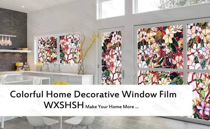 45/60/90 x 200 cm Sichtschutz-Sonnenschutzfolie. Statisch Nichtklebende, gebeizte Magnolienmuster-Home-Glas-Sonnenschutzfolie
