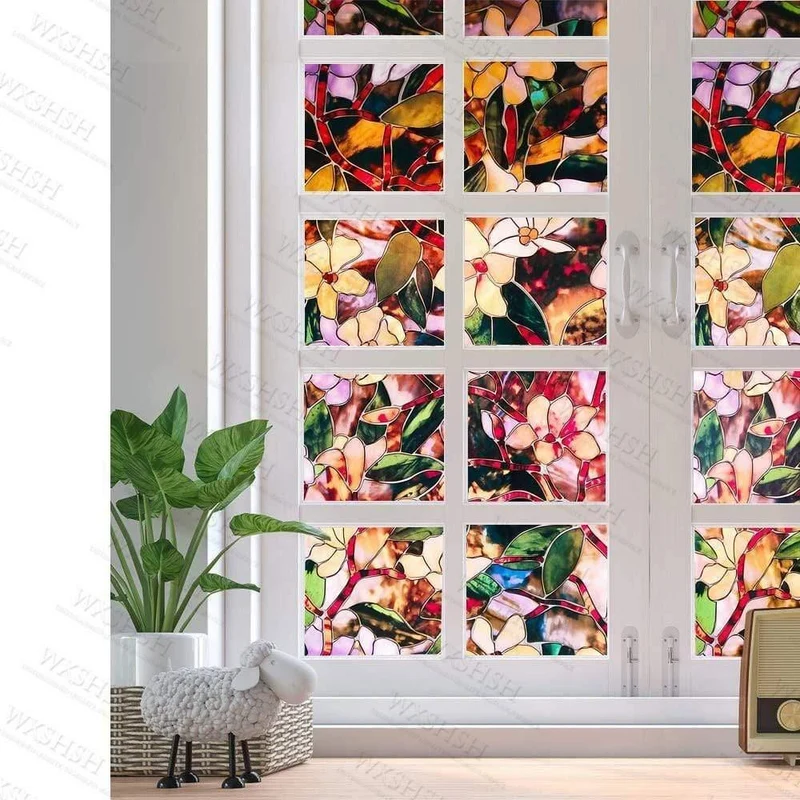 45/60/90 x 200 cm Sichtschutz-Sonnenschutzfolie. Statisch Nichtklebende, gebeizte Magnolienmuster-Home-Glas-Sonnenschutzfolie