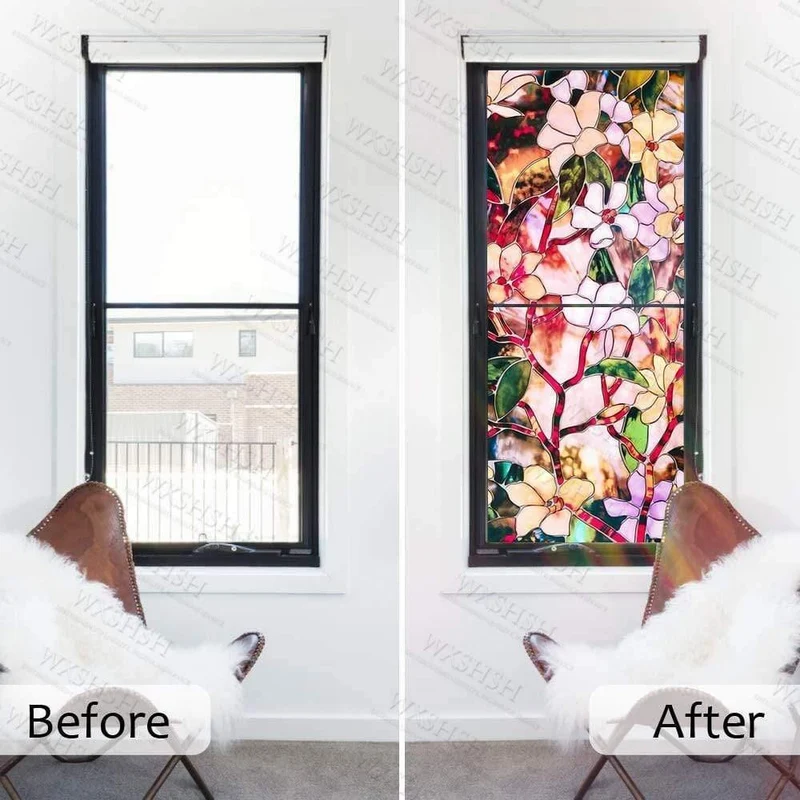 45/60/90 x 200 cm Sichtschutz-Sonnenschutzfolie. Statisch Nichtklebende, gebeizte Magnolienmuster-Home-Glas-Sonnenschutzfolie