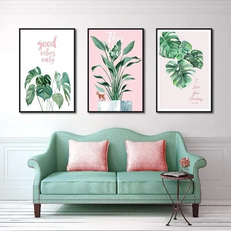 Grünes blatt rosa hintergrund frischen nordischen stil wandkunst leinwand malerei hd print wandbild für wohnzimmer wohnkultur