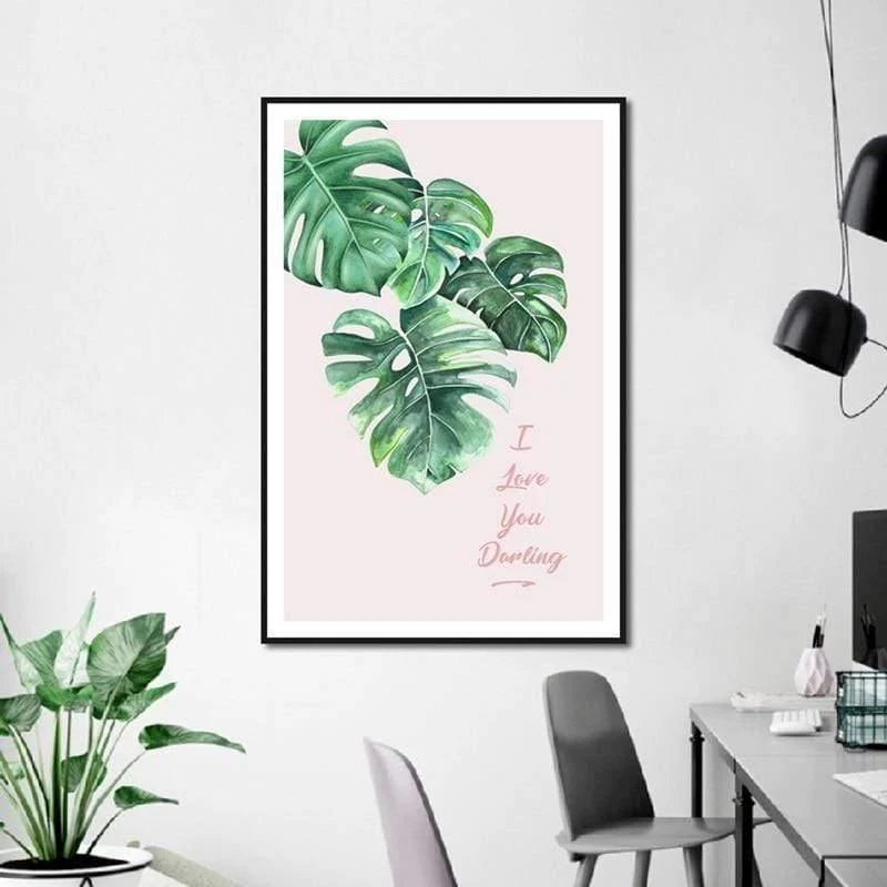 Grünes blatt rosa hintergrund frischen nordischen stil wandkunst leinwand malerei hd print wandbild für wohnzimmer wohnkultur