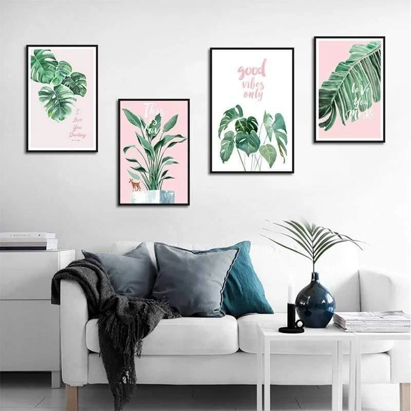 Grünes blatt rosa hintergrund frischen nordischen stil wandkunst leinwand malerei hd print wandbild für wohnzimmer wohnkultur