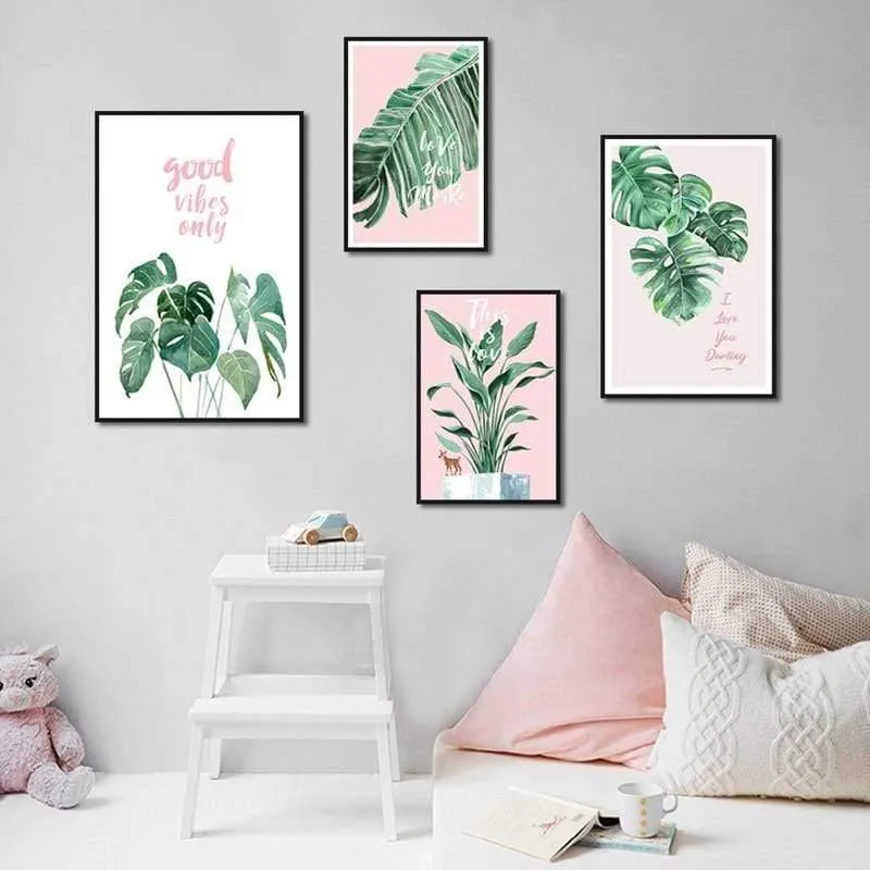 Grünes blatt rosa hintergrund frischen nordischen stil wandkunst leinwand malerei hd print wandbild für wohnzimmer wohnkultur