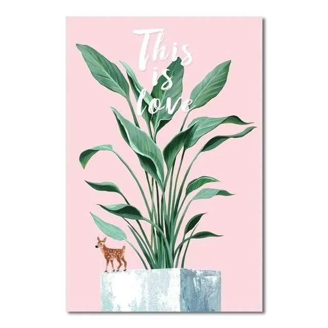 Grünes blatt rosa hintergrund frischen nordischen stil wandkunst leinwand malerei hd print wandbild für wohnzimmer wohnkultur