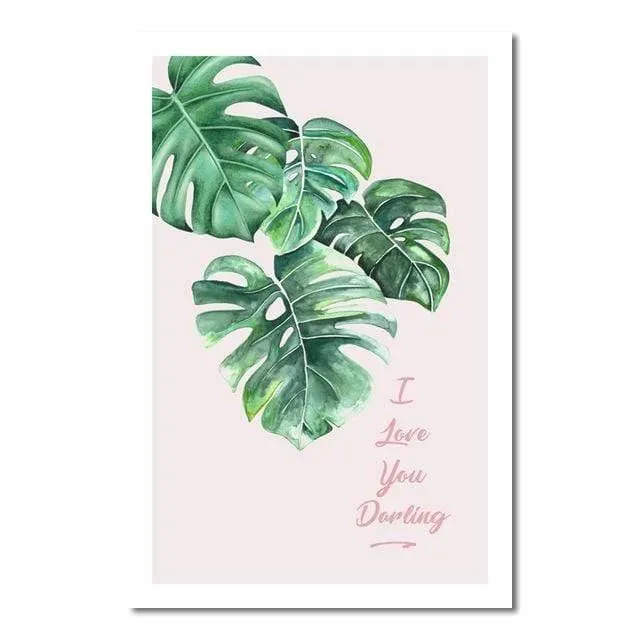 Grünes blatt rosa hintergrund frischen nordischen stil wandkunst leinwand malerei hd print wandbild für wohnzimmer wohnkultur